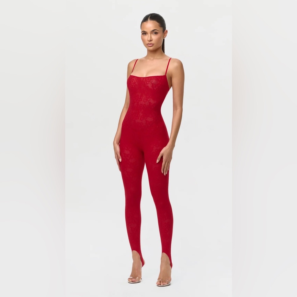 Naked Wardrobe Red STRETCH LACE TANK STIRRUP JUMPSUIT
